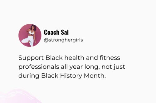 A screenshot of a Twitter-style post reading "Support Black heath and fitness professionals all year long, not just during Black history month"
