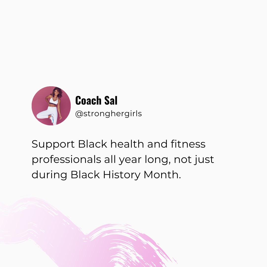 A screenshot of a Twitter-style post reading "Support Black heath and fitness professionals all year long, not just during Black history month"